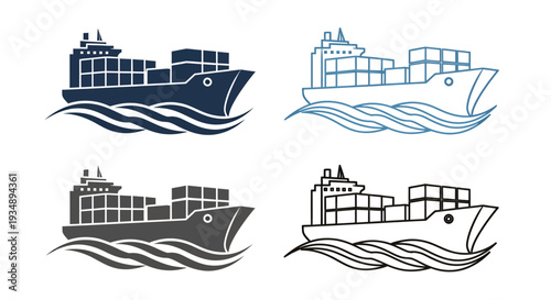 Four Stylized Cargo Ships Sailing on Abstract Waves in a Maritime Illustration.