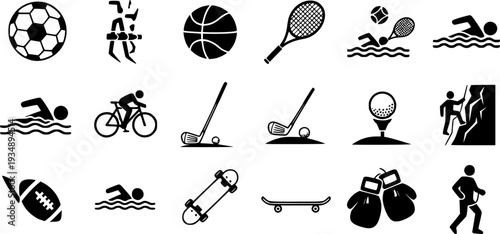 
Sports Recreation Flat Icons-Soccer Ball Basketball Tennis Racket Swimming Cycling Golf Skateboard Boxing Climbing-20 Sports Icon Set Vector - Recreation Icons 
