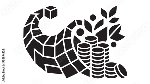 Cornucopia overflowing with coins and leaves symbolizing abundance.