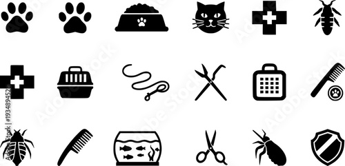 
Pet Care Animal Wellness Flat Icons-Dog Paw Cat Face Food Bowl Vet Leash Carrier Flea Grooming Aquarium Insurance-20 Pet Care Icon Set Vector - Animal Icons