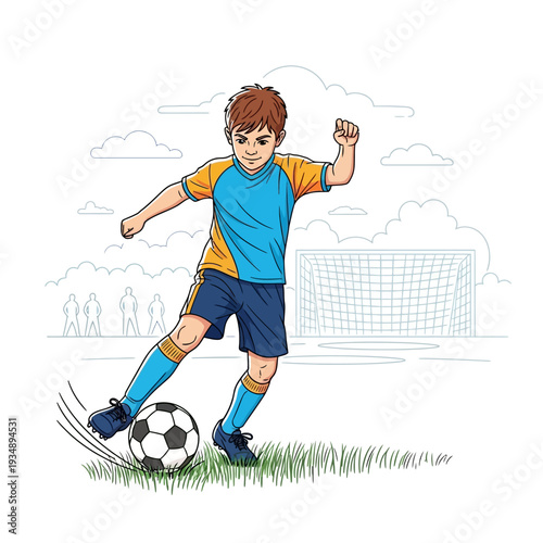 A young boy in a blue and yellow uniform kicking a soccer ball on a green field with a goal in the background.