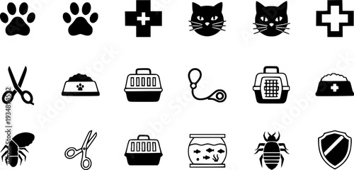 
Pet Care Animal Wellness Flat Icons-Dog Paw Cat Face Food Bowl Vet Leash Carrier Flea Grooming Aquarium Insurance-20 Pet Care Icon Set Vector - Animal Icons