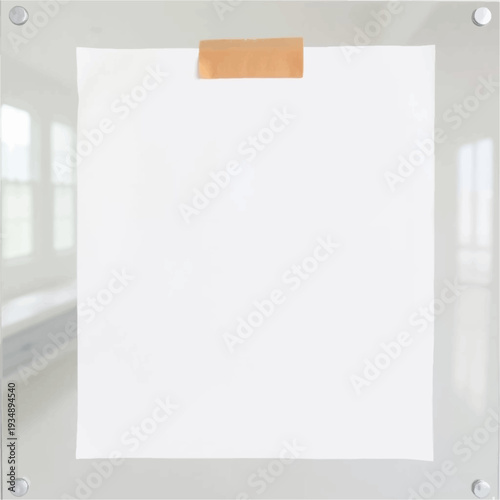 A blank white paper sheet taped to a clear glass board with a blurred modern interior background.