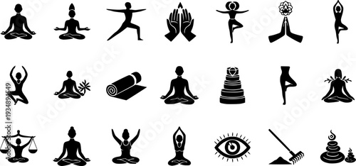 Yoga Mindfulness Flat Icons-Lotus Pose Warrior Tree Pose Yoga Mat Namaste Chakra Third Eye Breath Zen Garden-20 Yoga Icon Set Vector - Mindfulness Icons