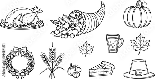 Thanksgiving Autumn Harvest Flat Icons-Turkey Cornucopia Pumpkin Maple Leaf Cider Wheat Pie Wreath Pilgrim Hat-20 Thanksgiving Icon Set Vector - Harvest Icons 
