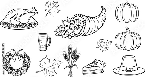 Thanksgiving Autumn Harvest Flat Icons-Turkey Cornucopia Pumpkin Maple Leaf Cider Wheat Pie Wreath Pilgrim Hat-20 Thanksgiving Icon Set Vector - Harvest Icons 