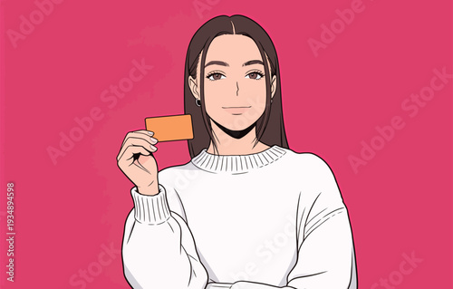 A young person stands with a card in hand against a pink background. The person has straight hair and smiles while dressed in a white sweater.