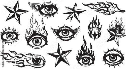 Collection of mystical and occult symbols including eyes, hands, suns, tribal figures, and abstract designs, isolated