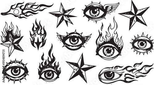 Collection of mystical and occult symbols including eyes, hands, suns, tribal figures, and abstract designs, isolated