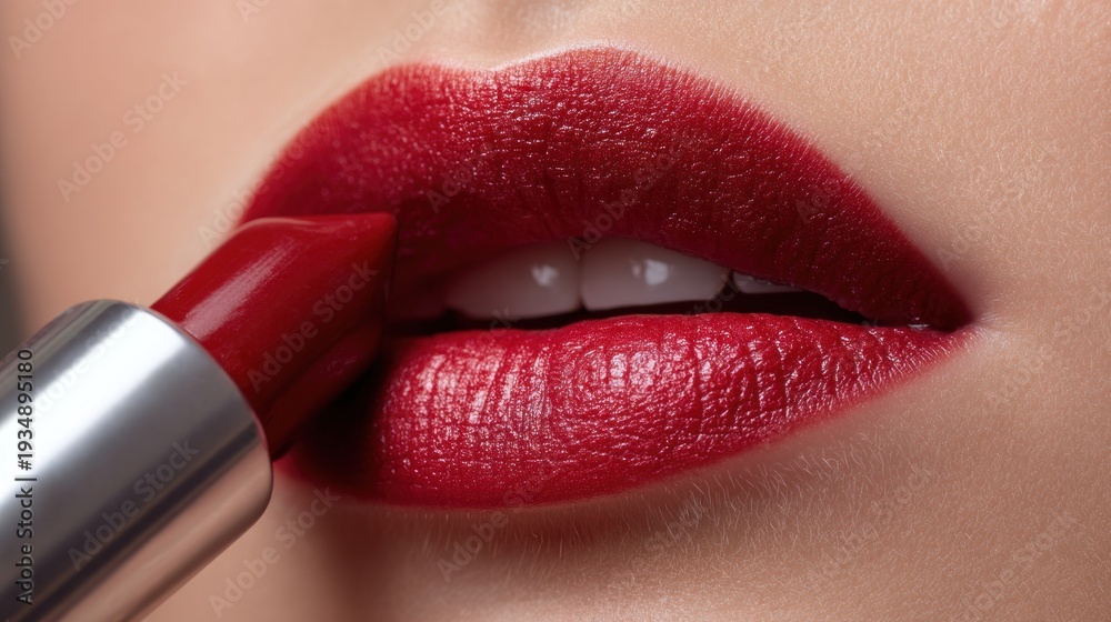 Naklejka premium Woman applying red lipstick to lips close up