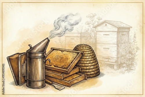 Beekeeping Equipment with Honeycombs and Smoker Illustration