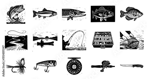 Professional set of fishing and angling icons in vintage woodcut style. Detailed black and white illustrations of various fish species, lures, rods, reels, and scenic outdoor lake fishing.