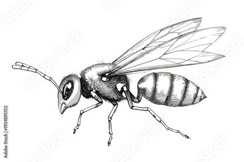 Detailed monochrome illustration of a winged insect, resembling a wasp or bee, depicted in flight with intricate anatomical features.