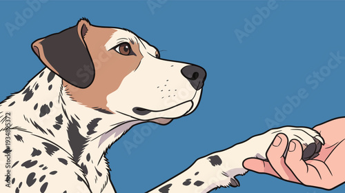 A dog extends its paw towards a hand. The scene features a plain blue backdrop with no distractions.