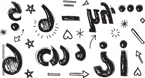 Bold hand-drawn black doodle icons set, including arrows, hearts, speech bubbles, sunburst, crown, question mark, and swirl lines in a casual sketch style.