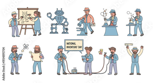 Technicians performing various maintenance tasks on machinery and equipment in a workshop setting for National Inventors' Day