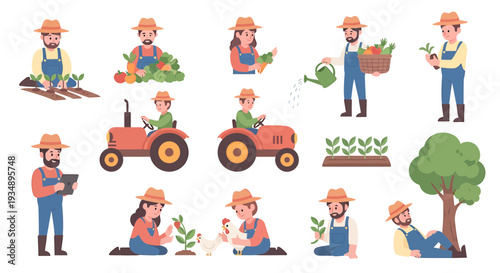 Vibrant collection of flat vector illustrations depicting farmers performing diverse agricultural tasks, including planting, harvesting, watering crops, and operating farm machinery