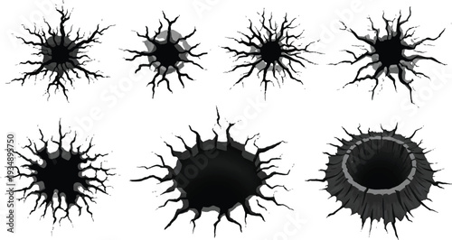 Broken cracked hole on wall silhouette, Damage fracture texture, Cracked surface hole damaged illustration with wall and ground crack