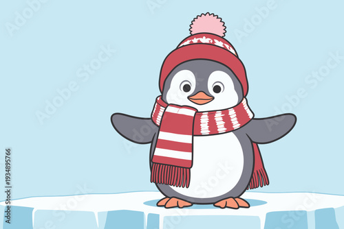 A penguin stands on an ice surface with a bright red hat and scarf. The background is light blue, showing a winter setting.