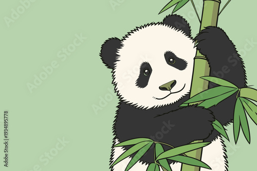 A panda clings to a bamboo stalk with a happy expression on its face. It is set against a plain green background.