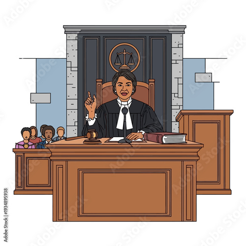 Female judge presiding over a courtroom, delivering a verdict or instruction, with a gavel and audience present.