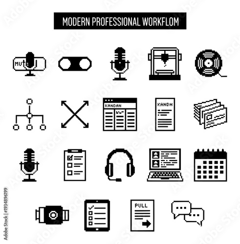 Modern professional workflow line icon set featuring podcasting, 3D printing, remote work, and digital productivity. Minimalist pixel-perfect symbols for business management and tech design.