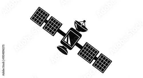 Black silhouette of a satellite with solar panels and communication dish in space