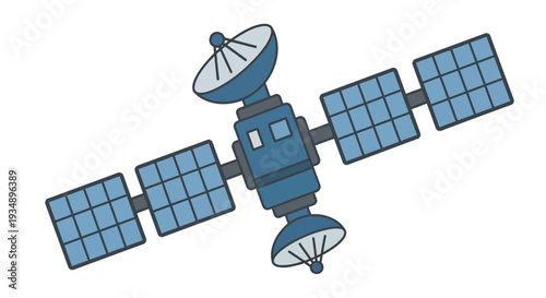 A stylized illustration of a satellite with solar panels and antennae