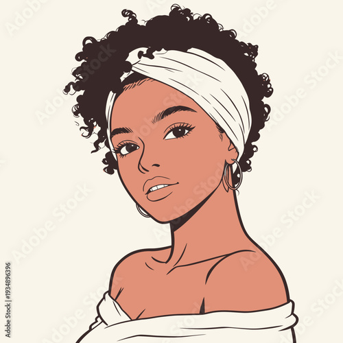 A woman stands with her curly hair styled under a head wrap and wearing earrings. She gazes towards the viewer with a neutral expression.