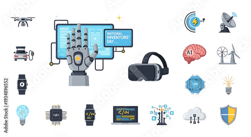 Robotics and automation technology icons surrounding a central robotic arm with various modern devices and virtual reality headset