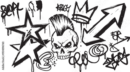 Colorful punk rock doodle set - funny skulls, flames, lightning bolts and stars, hearts, lips and eyes. Vivid freehand drawings, sketch for rebellious music poster, textile, youth subculture design.