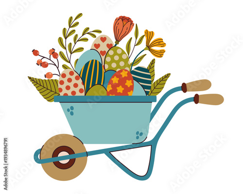 A garden cart with colorful eggs, flowers, tulips, spring leaves, seasonal berries. A cute vintage wheelbarrow with holiday symbols. Patterned Easter eggs. Hand drawn cartoon vector illustration