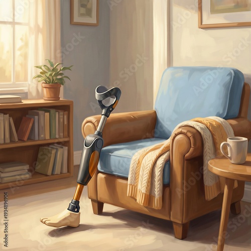 Modern Unbranded Prosthetic Leg Leaning Against a Domestic Wooden Chair in a Warm Room