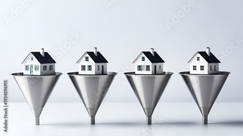 Small white houses sit inside a metal funnel. Concept of real estate market filtering or choosing a home. Property selection and search process.