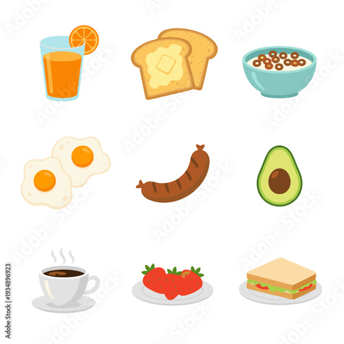Delicious Healthy Breakfast Food Icons Set with Coffee Orange Juice Toast Eggs Sausage Avocado Strawberry and Sandwich Isolated on White Background