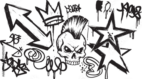 Colorful punk rock doodle set - funny skulls, flames, lightning bolts and stars, hearts, lips and eyes. Vivid freehand drawings, sketch for rebellious music poster, textile, youth subculture design.