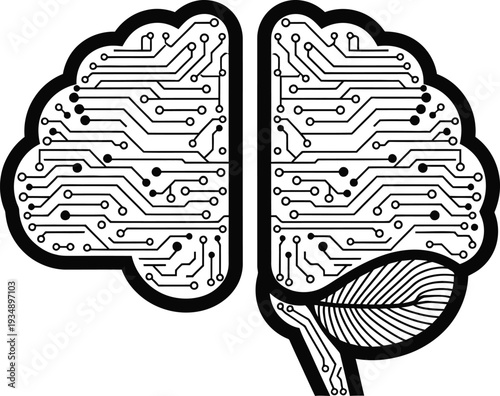 Artificial intelligence digital brain concept with electronic circuit board wiring lines