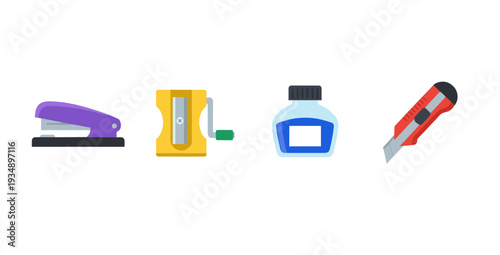 Essential office stationery and school supplies set featuring a purple stapler, yellow sharpener, blue ink bottle, and red utility cutter for workspace productivity