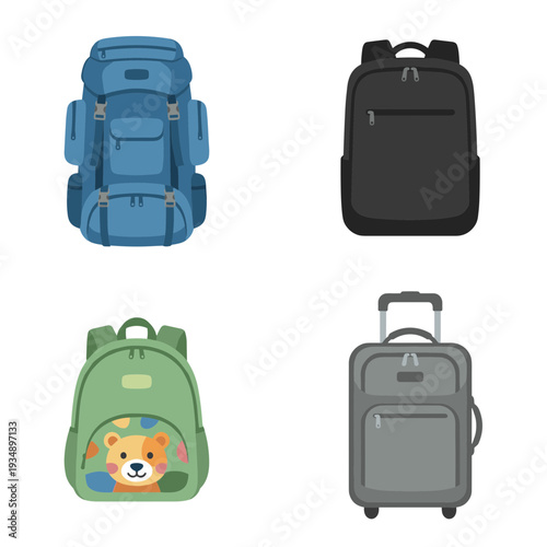Set of travel luggage icons including hiking backpack, professional laptop rucksack, cute kids school bag and rolling suitcase isolated on white background