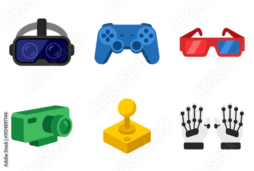 Collection of virtual reality and gaming equipment icons featuring VR headset, wireless game controller, 3D glasses, digital camera, joystick and haptic gloves