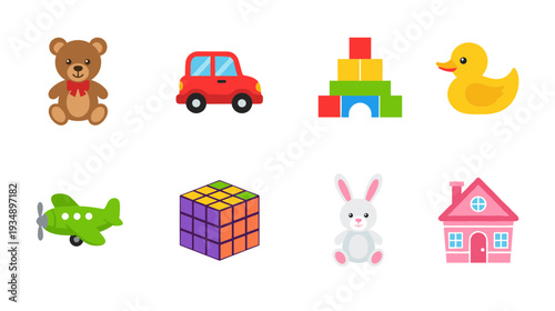 Childhood toys collection including teddy bear, toy car, building blocks, rubber duck, airplane, puzzle cube, plush rabbit and pink dollhouse isolated