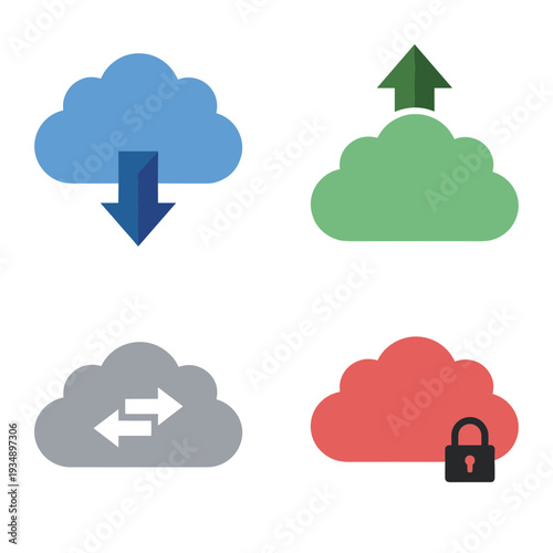Cloud computing service icons for data download upload sync and secure storage protection represented by colorful cloud symbols on white background