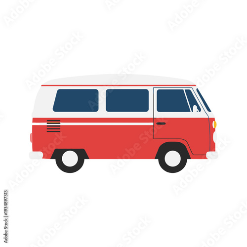 Retro vintage camper van illustration in red and white colors for travel tourism adventure and road trip camping holiday concepts without branding