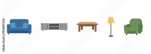 Modern living room furniture set collection featuring blue sofa, gray TV stand, wooden coffee table, floor lamp, and green armchair isolated on white.