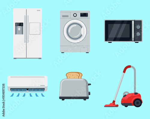 Set of essential home appliances including refrigerator, washing machine, microwave oven, air conditioner, toaster, and vacuum cleaner on blue background.