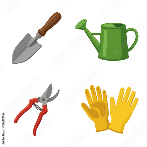 Professional gardening tools collection including a metal trowel, green watering can, red pruning shears, and yellow protective gloves for garden work.