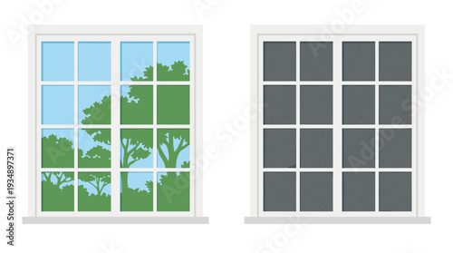 Comparison of window views showing a bright sunny day with green trees versus a dark night or storm view, concepts for weather and interior design.