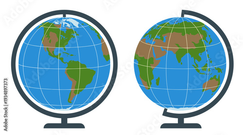 Educational world globes showing different continents and earth maps on stands, concept for geography, travel, global communications and education systems.