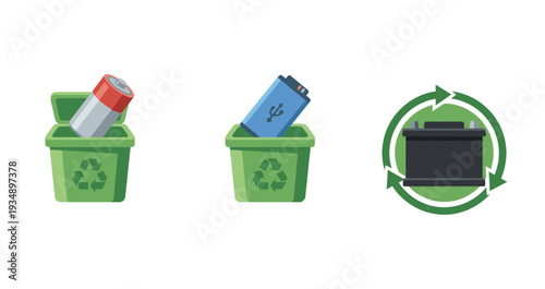 Battery recycling and disposal concept icons showing batteries being put into green recycle bins and a car battery with circular arrows symbols set.