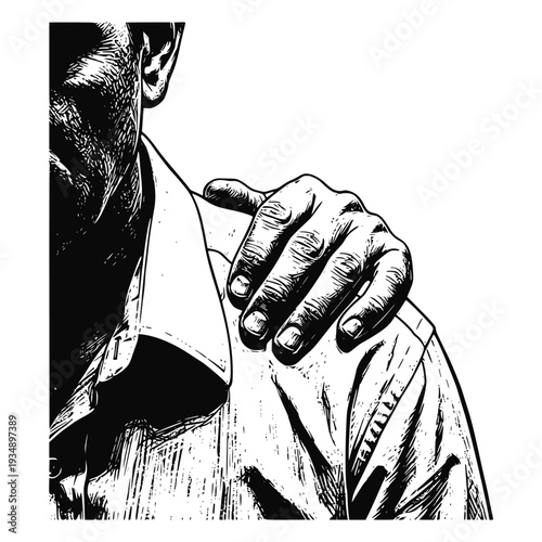 High-contrast linocut illustration of a supportive hand on a man's shoulder. Concept for mental health, male friendship, empathy, comfort, guidance, and emotional support. Stark noir style.